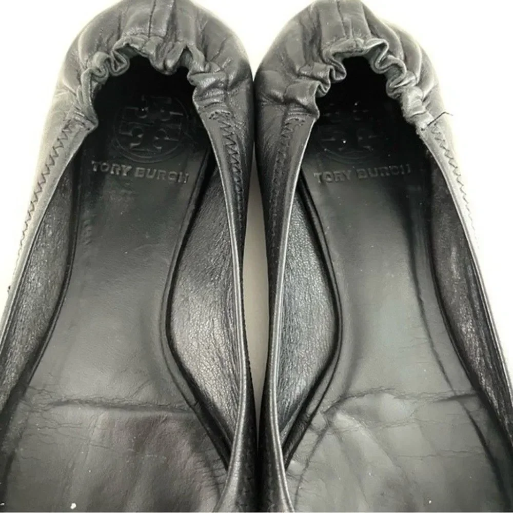 Tory Burch Black Reva Ballet Flat with Gold Emblem, Size 7
